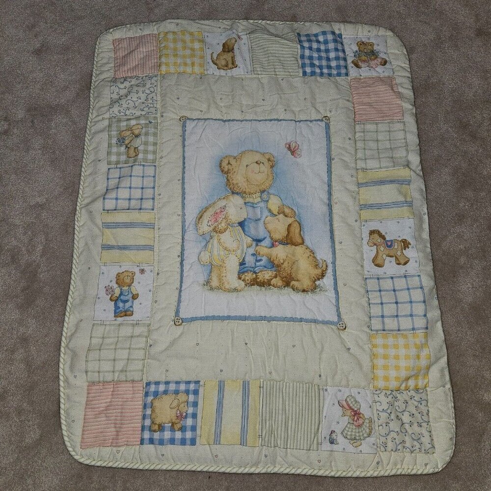 VTG Gerber Teddy Bear Comforter Crib Blanket 30x40 Dog Duck Bunny Yellow Blue